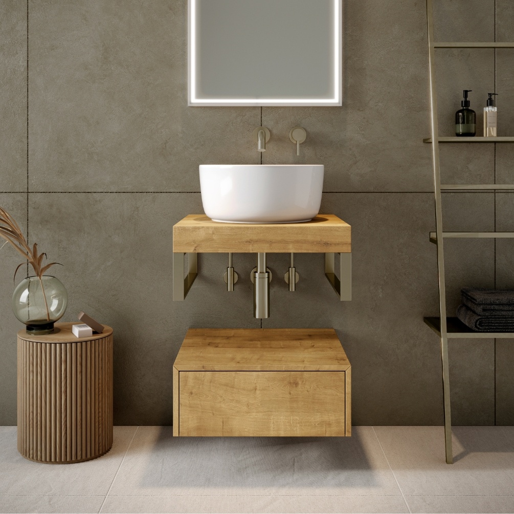 Product Lifestyle image of the Abacus Concept Cloud Halifax Oak 500mm Shelf with Brushed Stainless Steel Towel Hangers, paired with a Concept Cloud Halifax Oak 500mm Base Unit and a round countertop basin